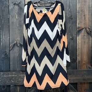 Boutique Mini Dress Chevron Fall Stripe L Boho Bell Sleeves Flare Flowy Fit‎